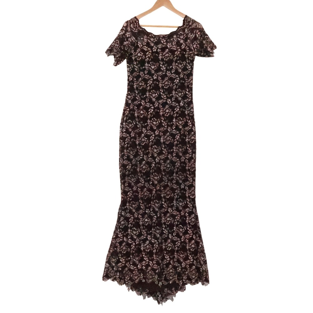 Sara Mique Metallic Lace Mermaid Gown Vtg Size S Espresso Brown Rose Gold NWT